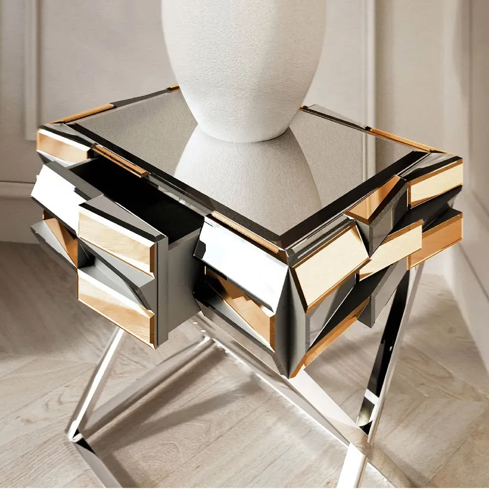 CARME Home Mirrored Side Table with Drawer - Gold