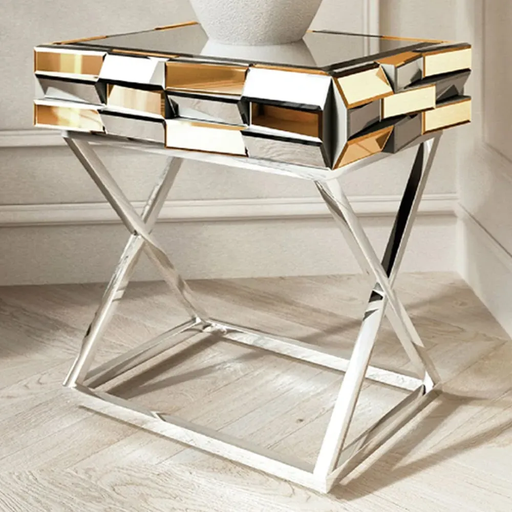CARME Home Mirrored Side Table with Drawer - Gold image