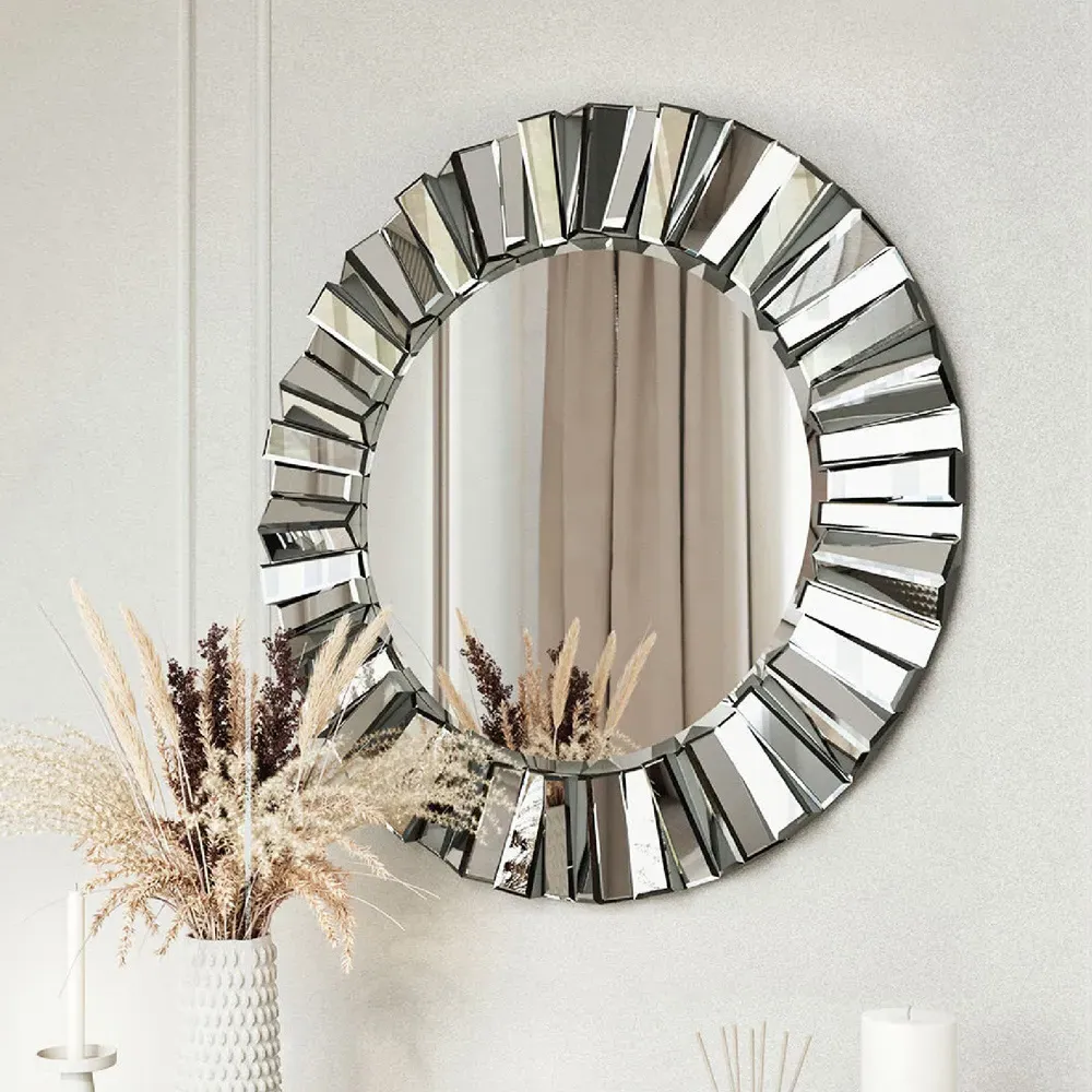 CARME Home Round Wall Mirror - Grey, Glass