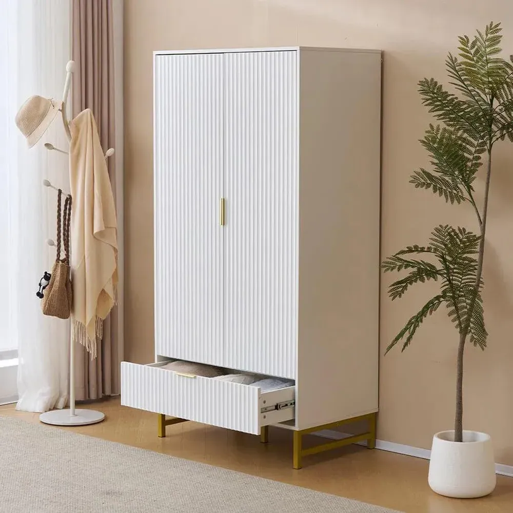 2 Door Wardrobe with Drawer - White, PVC