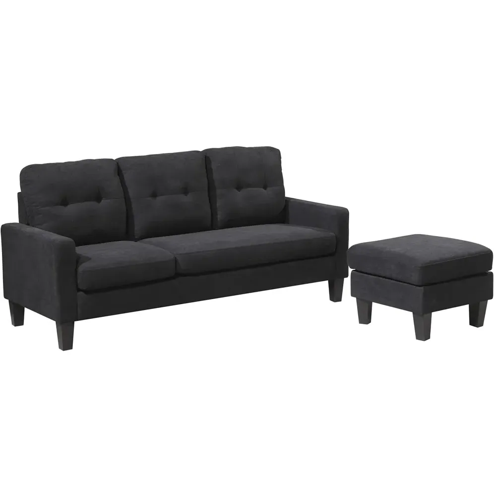 3-Seater L-Shaped Corner Sofa with Ottoman - Black, Fabric