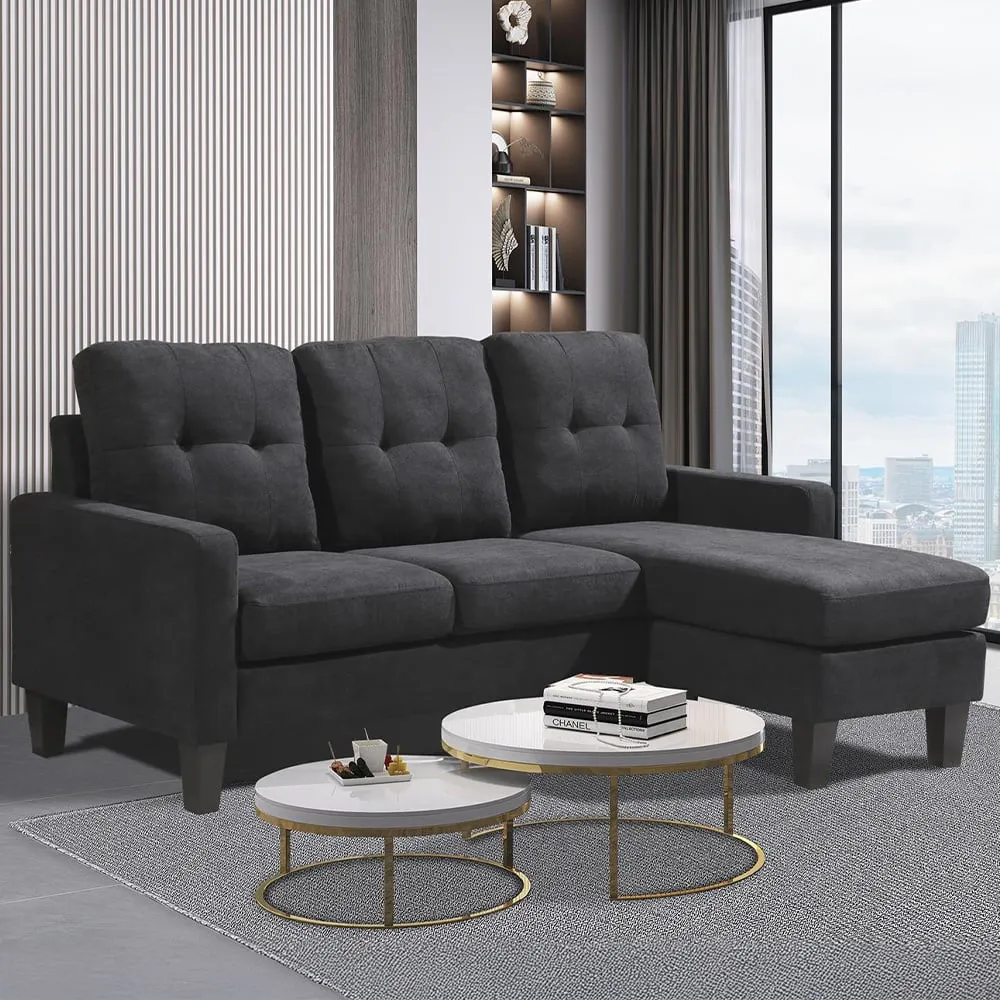 3-Seater L-Shaped Corner Sofa with Ottoman - Black, Fabric image