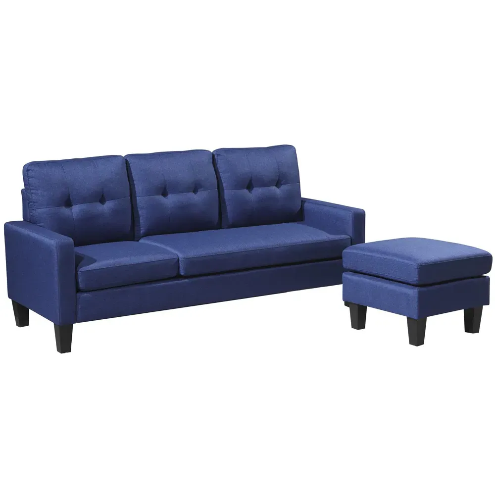 3-Seater L-Shaped Corner Sofa with Ottoman - Blue, Fabric