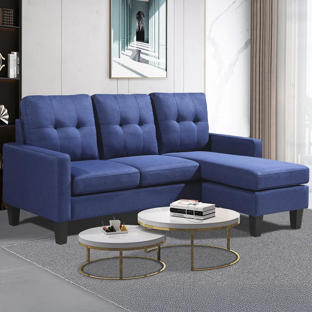 3-Seater L-Shaped Corner Sofa with Ottoman - Blue, Fabric