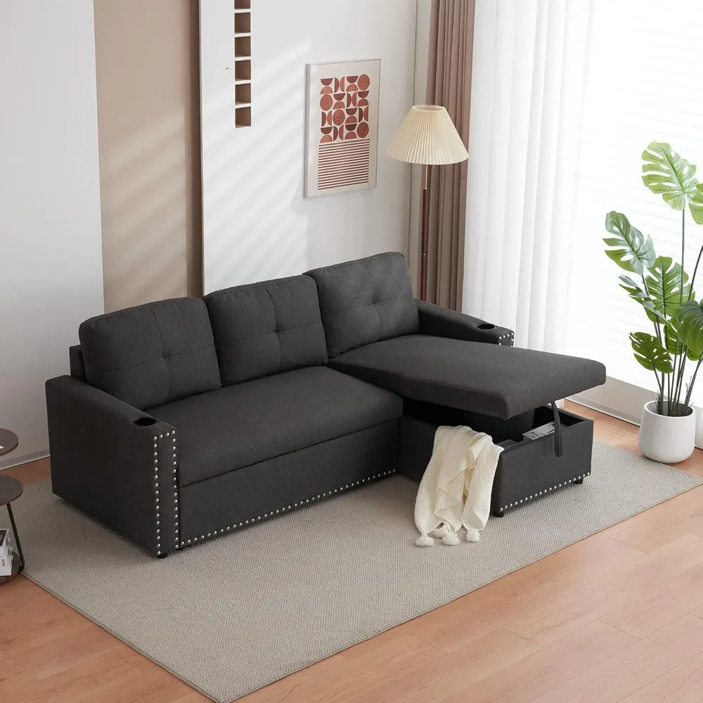 3-Seater Reversible Sectional Sofa Bed with Storage - Dark Grey