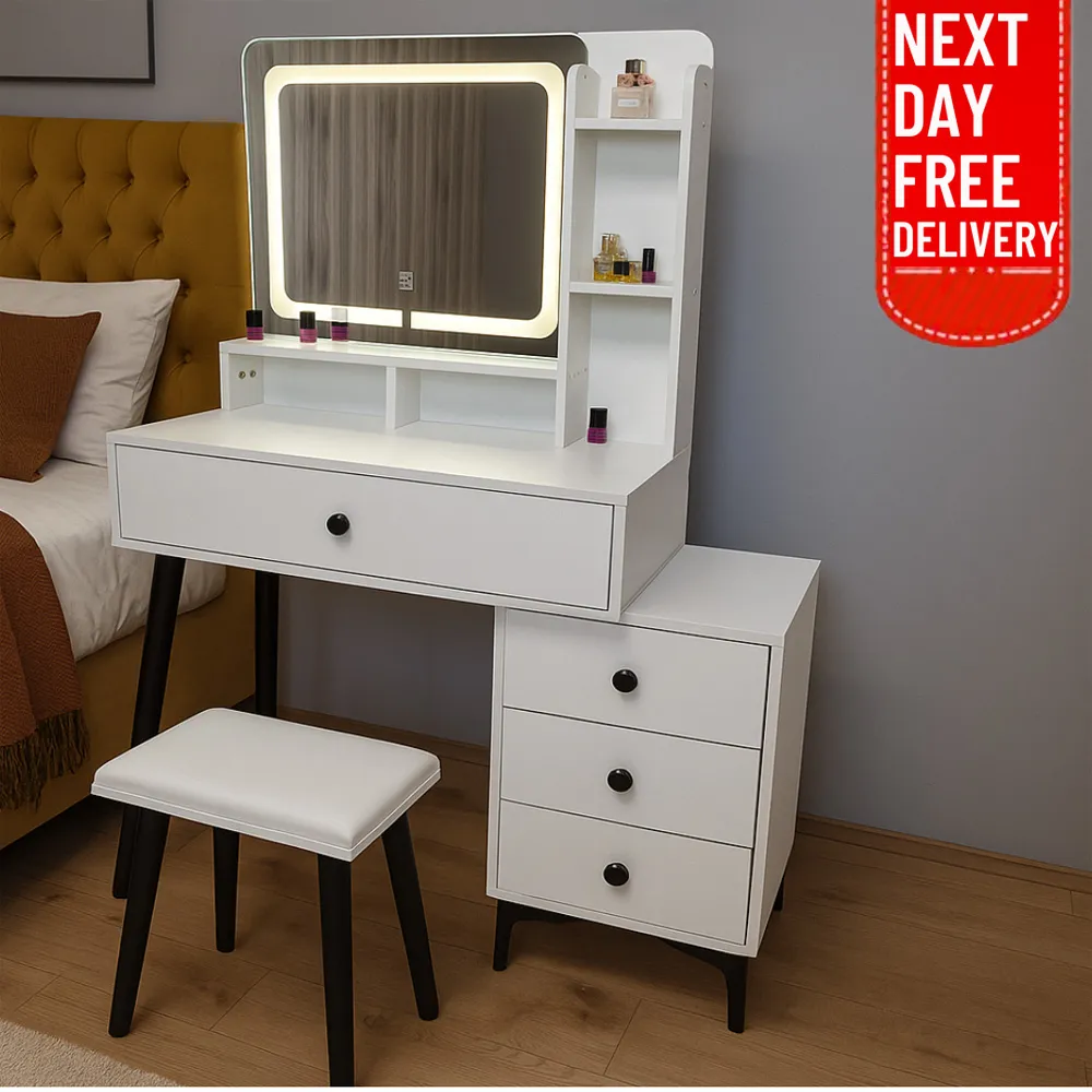 4 Drawer LED Mirror Dressing Table with Stool - White