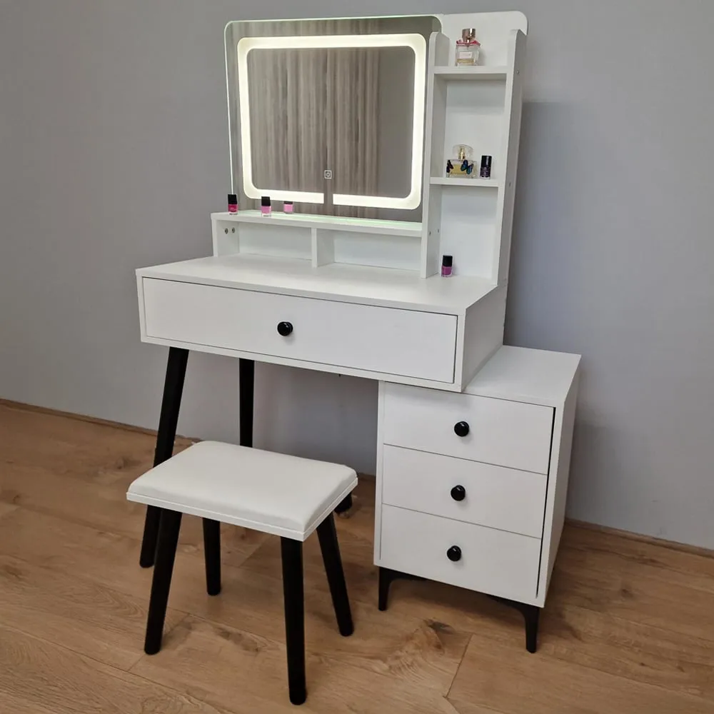 4 Drawer LED Mirror Dressing Table with Stool - White image