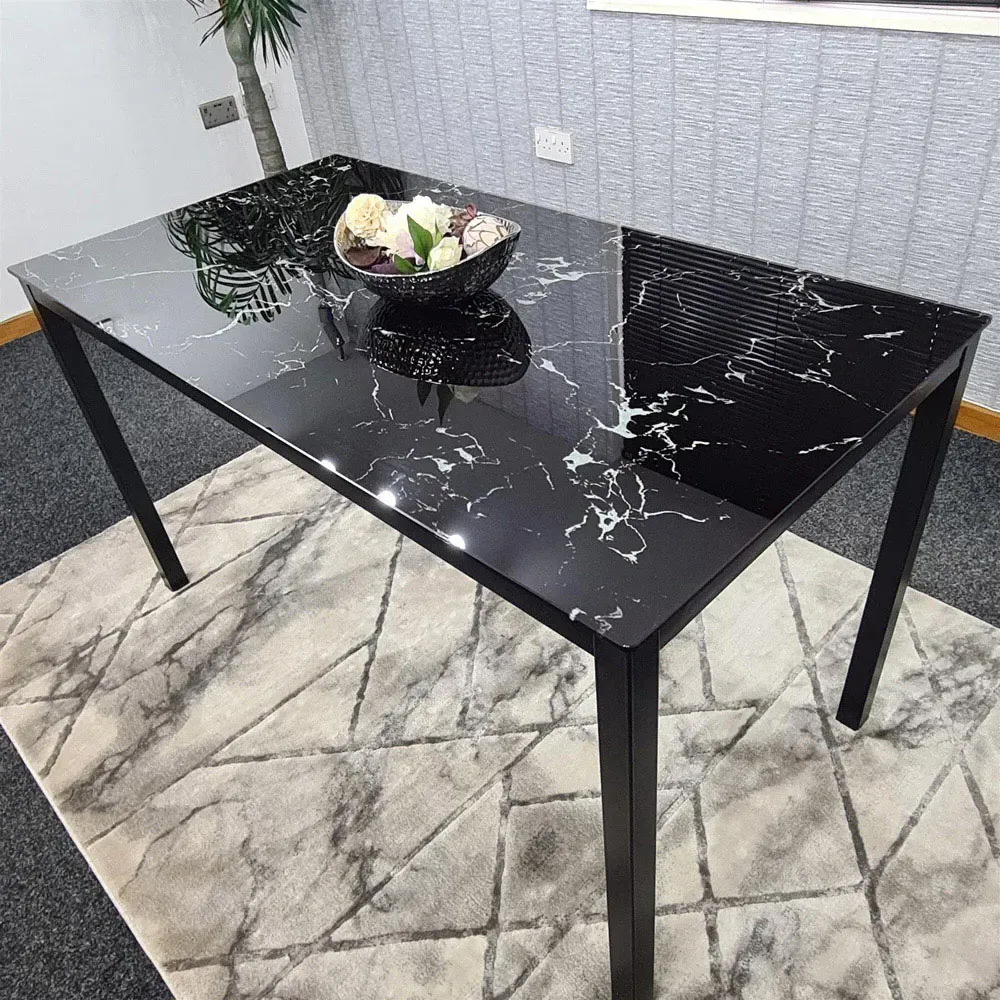 6-Seater Dining Table with Marble Effect - Black, Glass