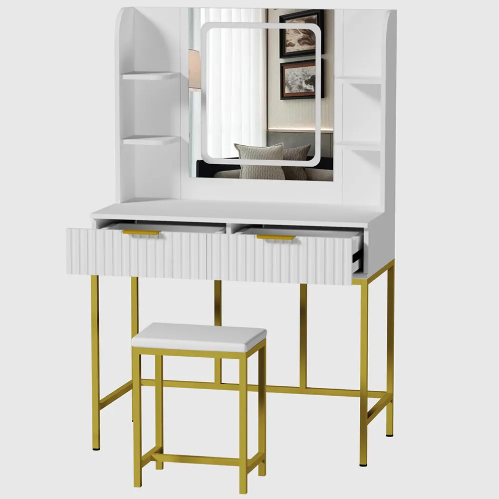 Annabelle 2 Drawer Dressing Table Set with LED Mirror - White, Gold