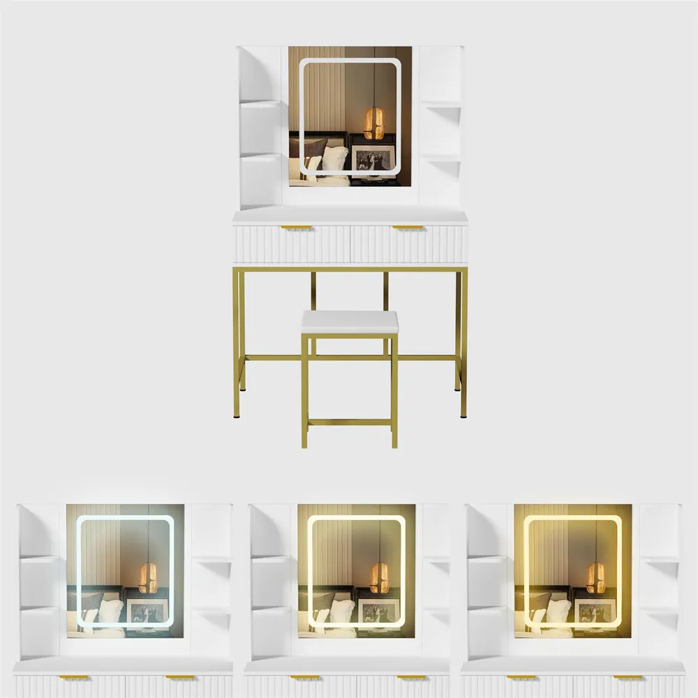Annabelle 2 Drawer Dressing Table Set with LED Mirror - White, Gold