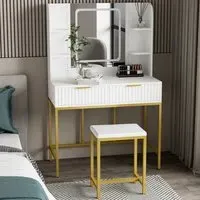 Annabelle 2 Drawer Dressing Table Set with LED Mirror - White, Gold