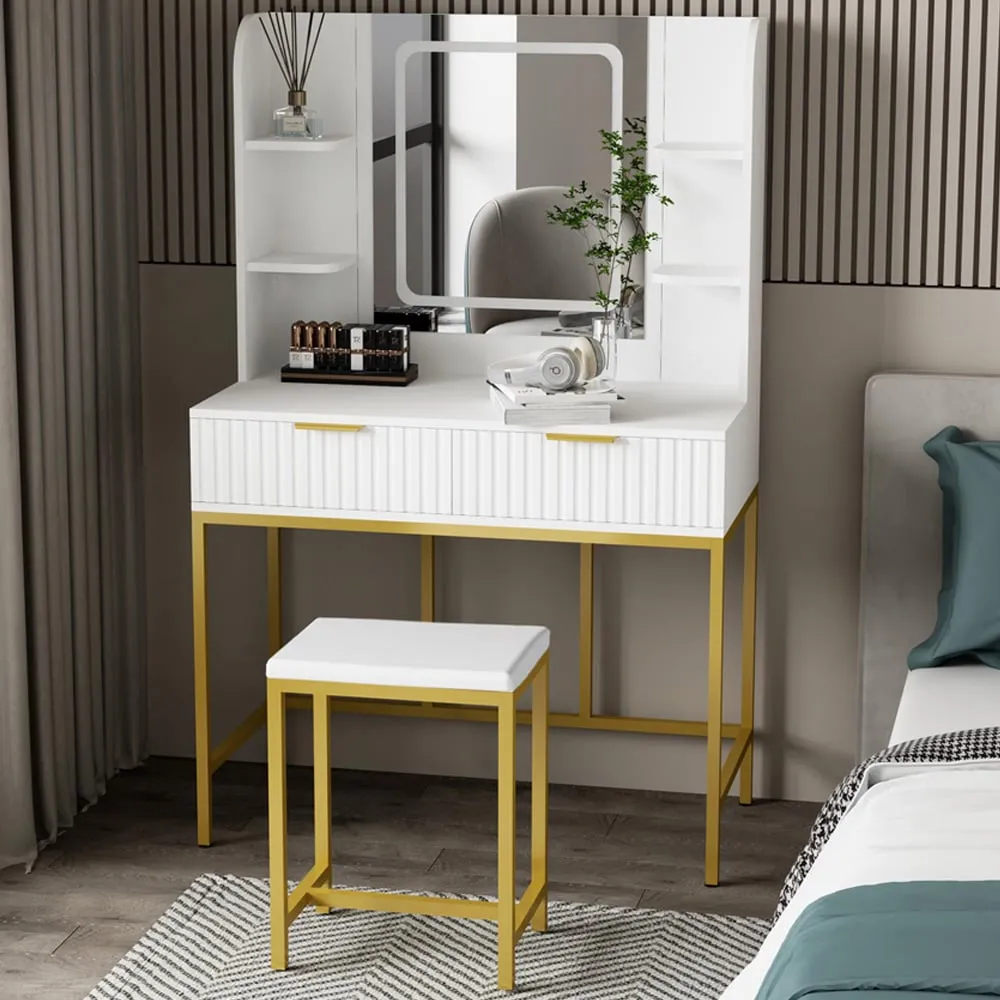 Annabelle 2 Drawer Dressing Table Set with LED Mirror - White, Gold