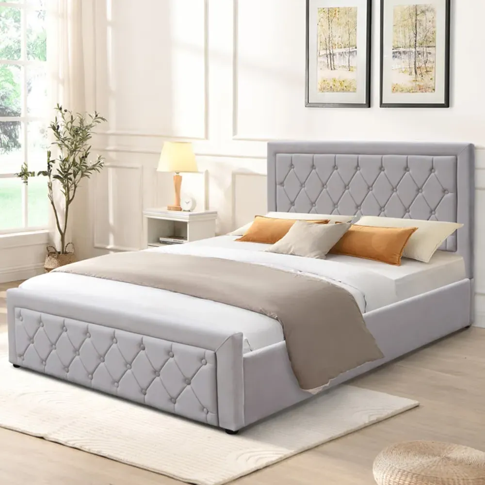 Double Ottoman Bed with Storage - Grey, Velvet