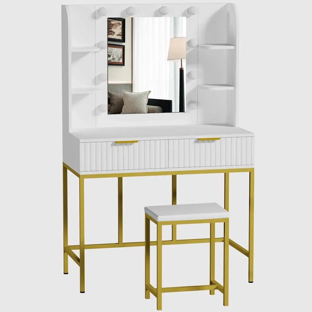 Eva 2 Drawer Dressing Table Set with LED Mirror - White, Gold