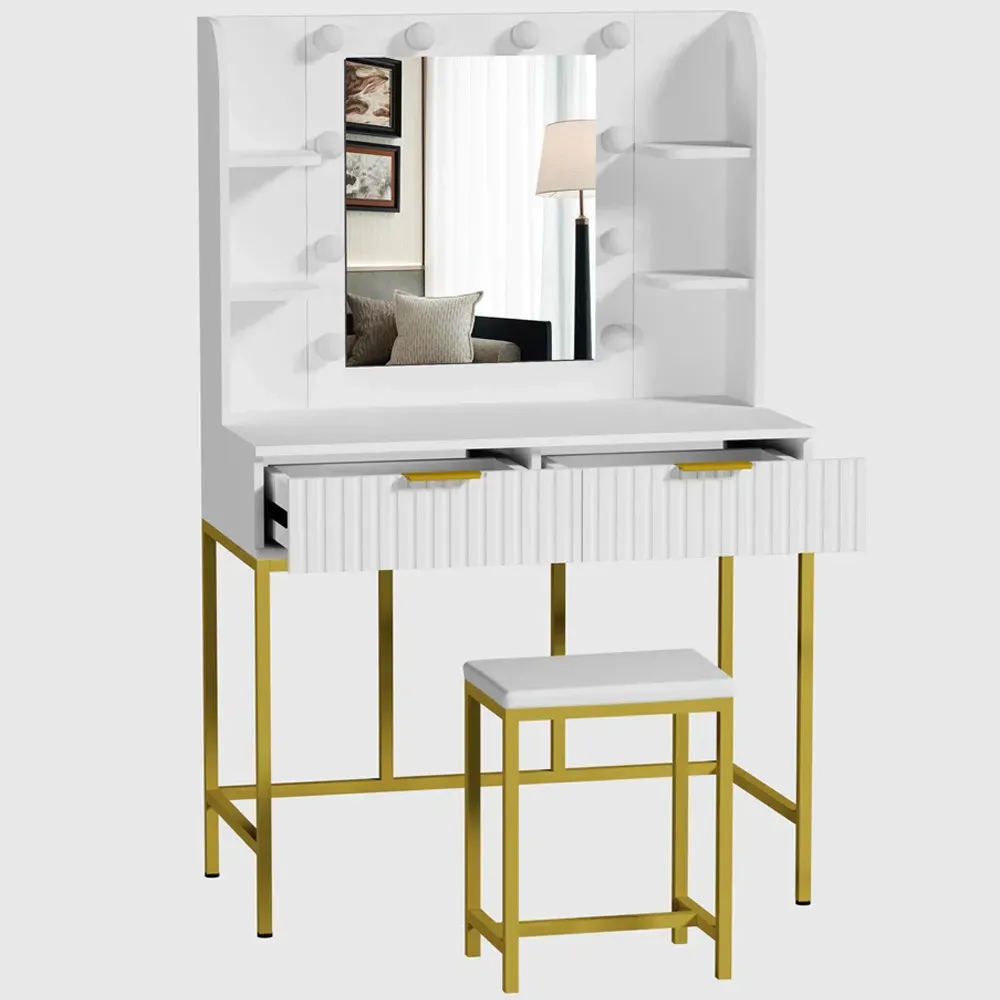 Eva 2 Drawer Dressing Table Set with LED Mirror - White, Gold