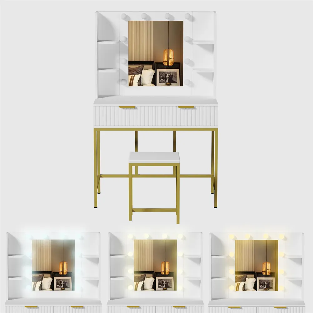 Eva 2 Drawer Dressing Table Set with LED Mirror - White, Gold