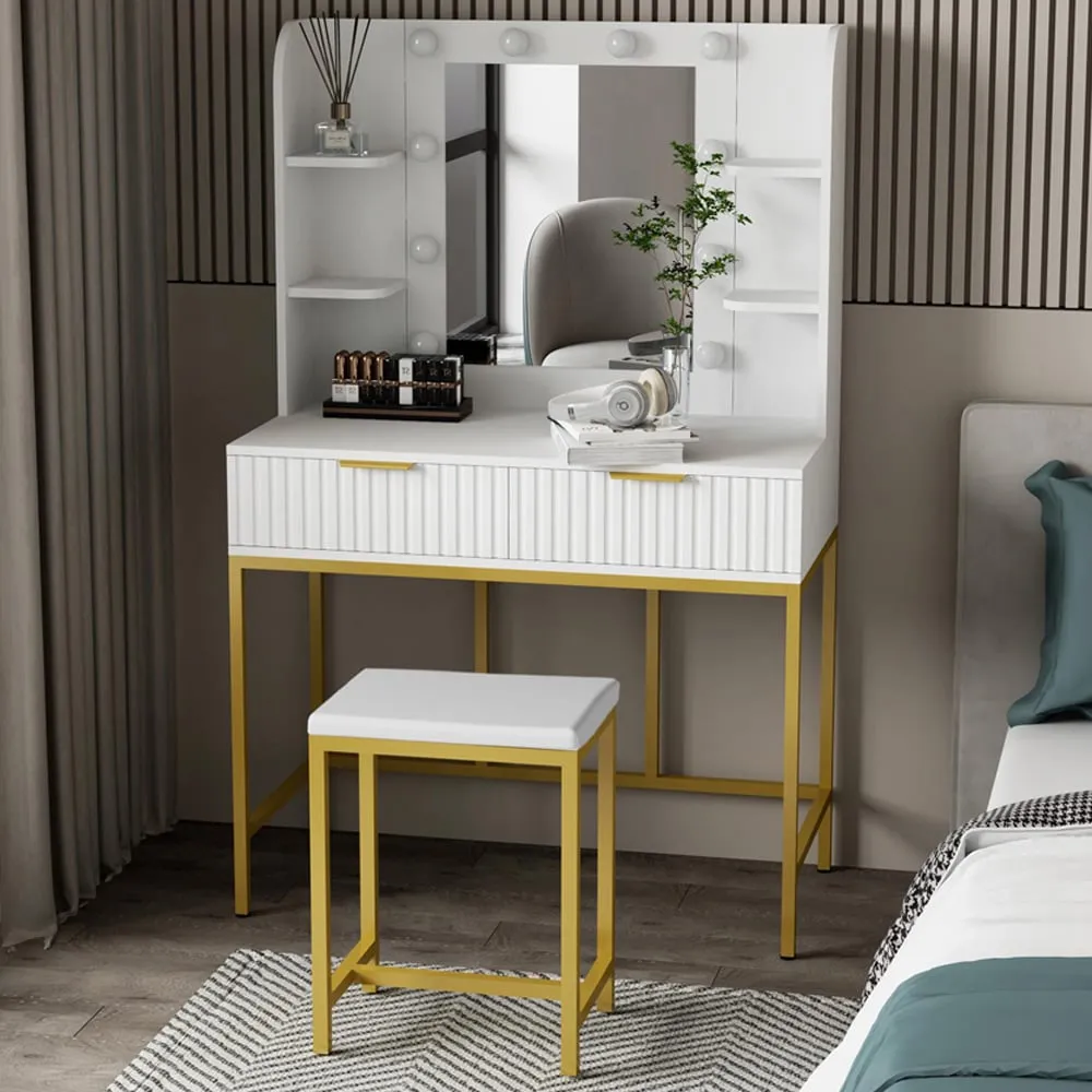 Eva 2 Drawer Dressing Table Set with LED Mirror - White, Gold image
