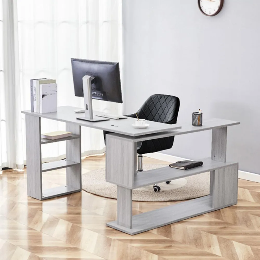 L-Shaped Office Desk with Chair Set - Grey Wood, Black Velvet