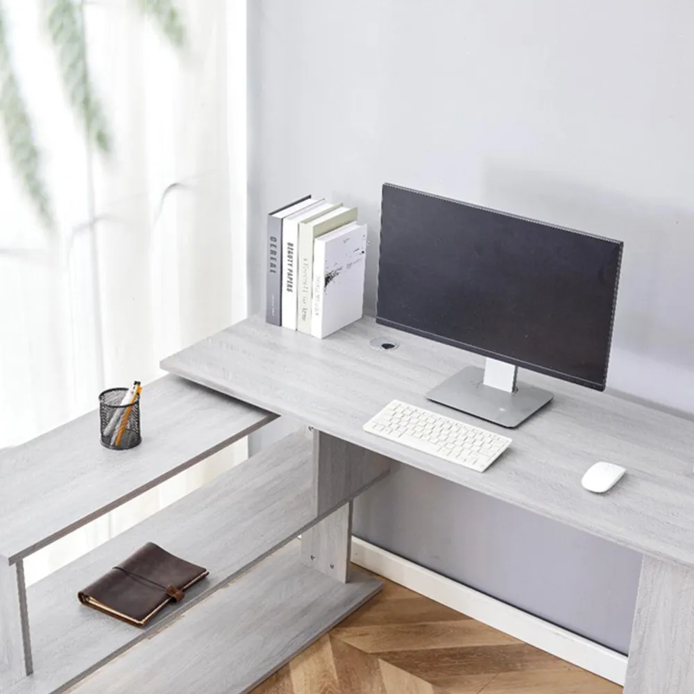 L-Shaped Office Desk with Chair Set - Grey Wood, Black Velvet