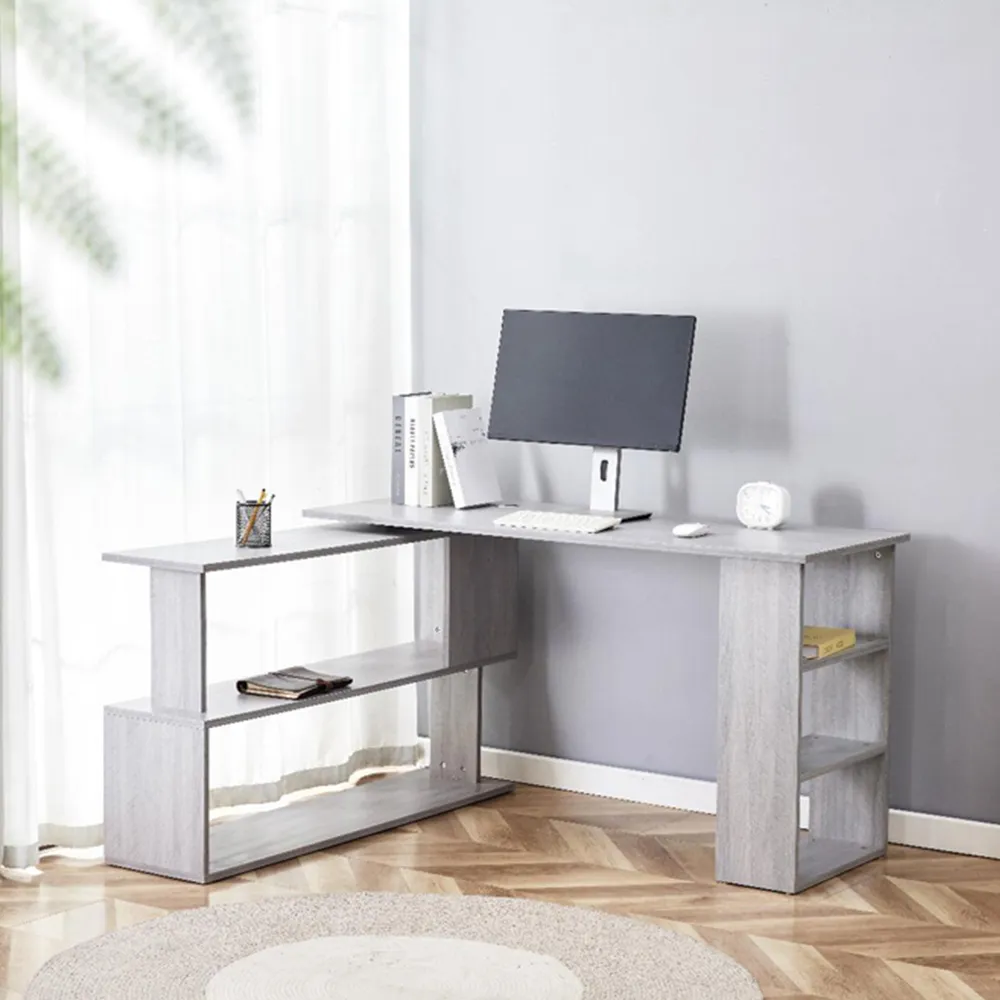 L-Shaped Office Desk with Chair Set - Grey Wood, Black Velvet