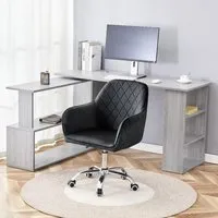 L-Shaped Office Desk with Chair Set - Grey Wood, Black Velvet