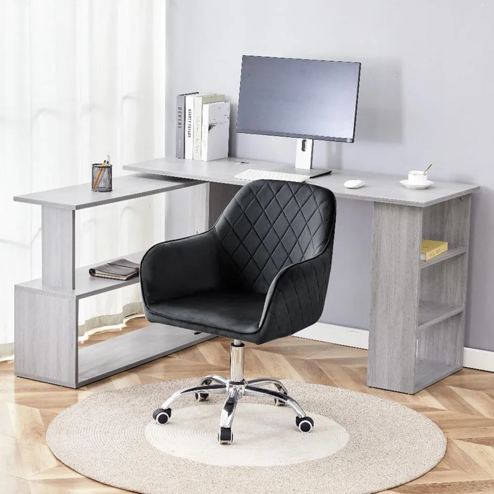 L-Shaped Office Desk with Chair Set - Grey Wood, Black Velvet image