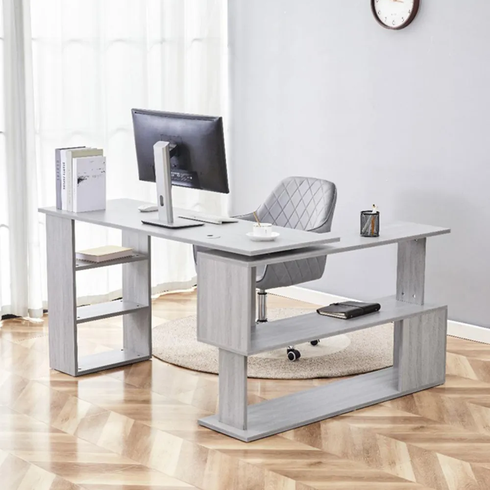 L-Shaped Office Desk with Chair Set - Grey Wood, Grey Velvet