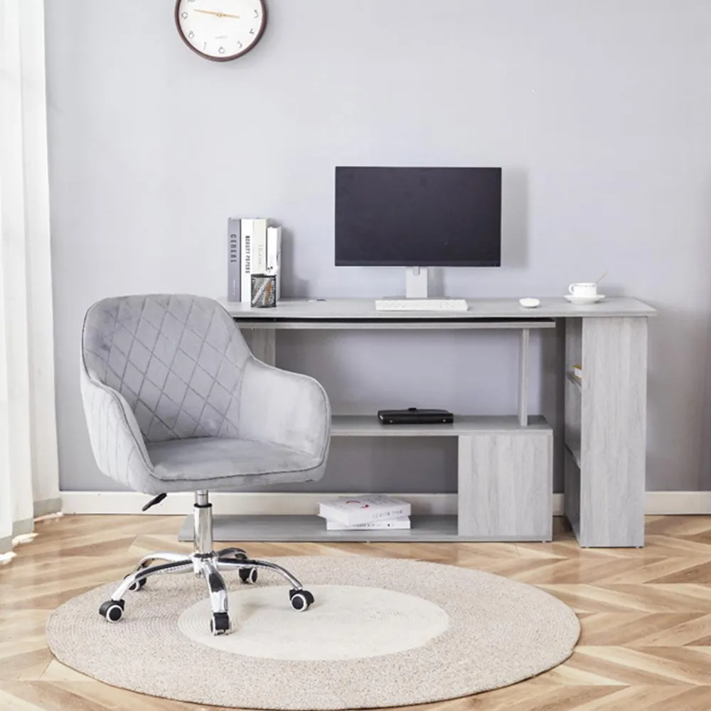 L-Shaped Office Desk with Chair Set - Grey Wood, Grey Velvet