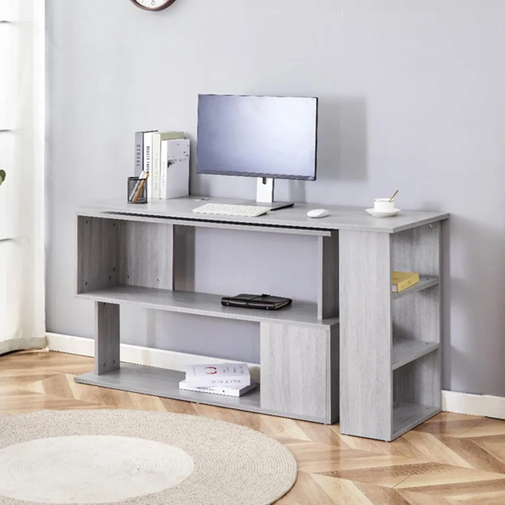 L-Shaped Office Desk with Chair Set - Grey Wood, Grey Velvet