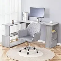 L-Shaped Office Desk with Chair Set - Grey Wood, Grey Velvet