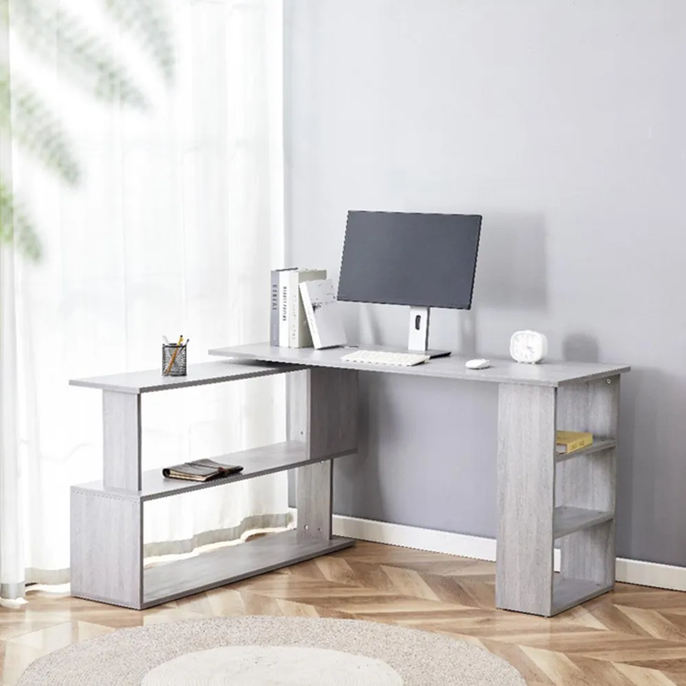 L-Shaped Office Desk with Drawer Unit - Grey, Wood