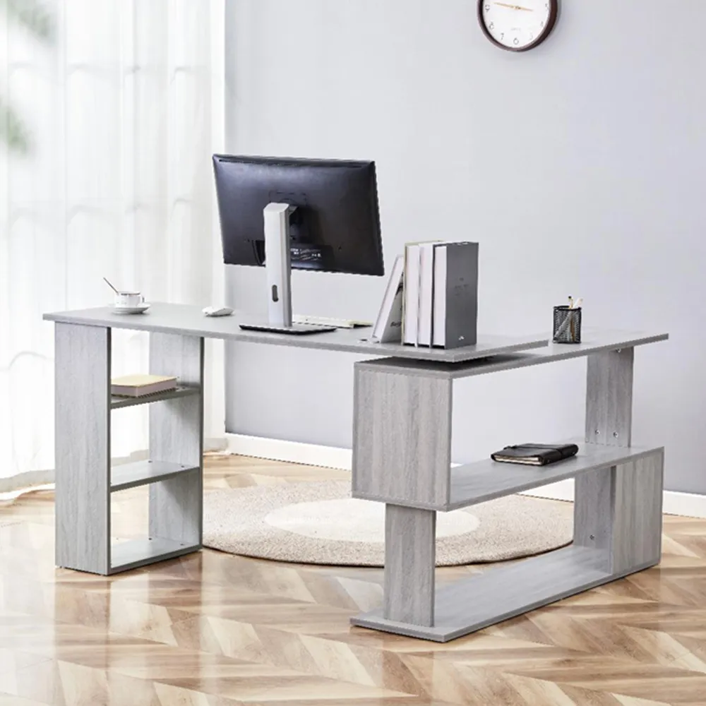 L-Shaped Office Desk with Drawer Unit - Grey, Wood