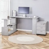 L-Shaped Office Desk with Drawer Unit - Grey, Wood