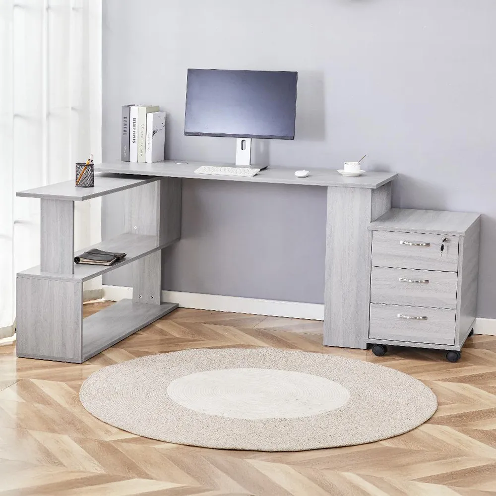 L-Shaped Office Desk with Drawer Unit - Grey, Wood image