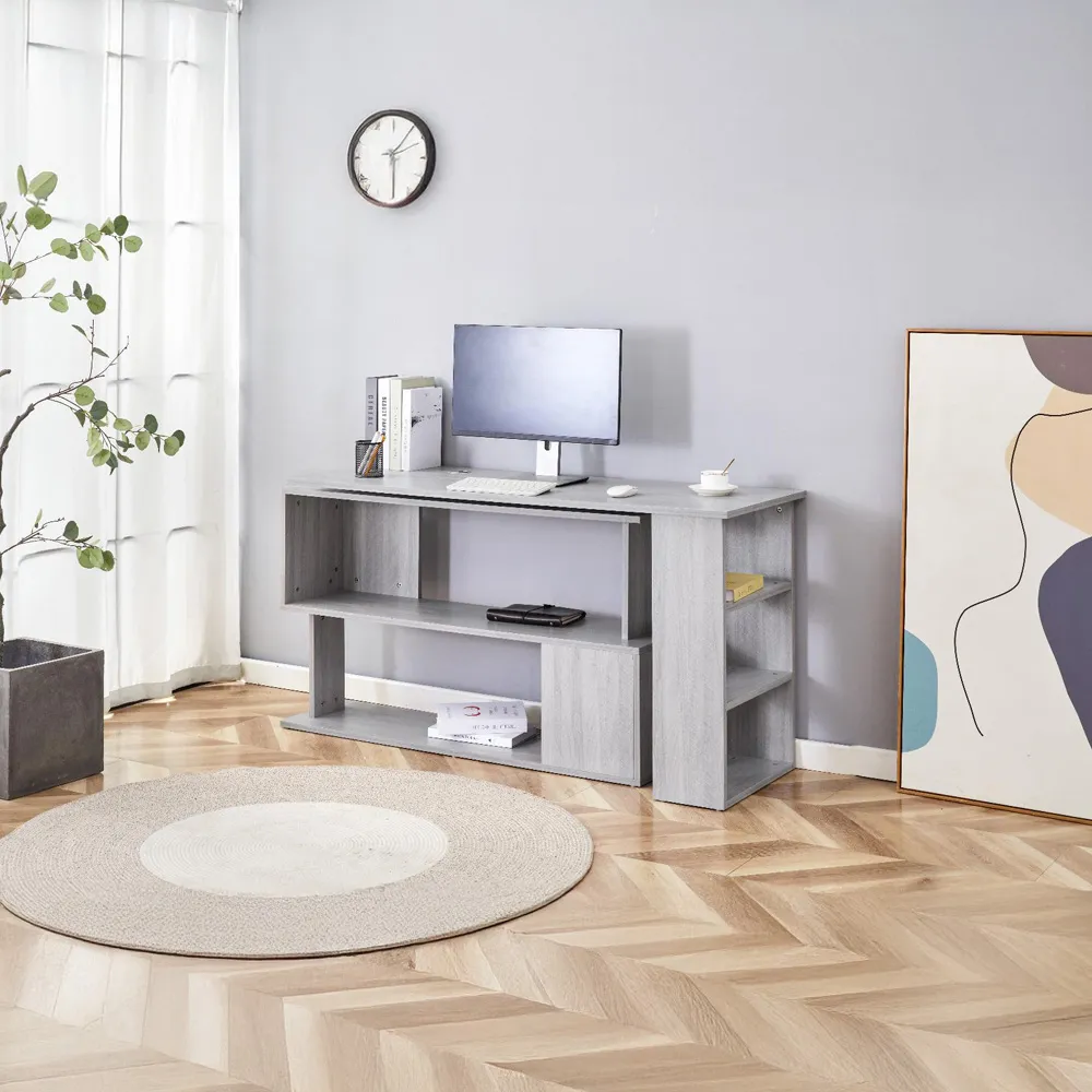 L-Shaped Office Desk with Storage - Grey, Wood