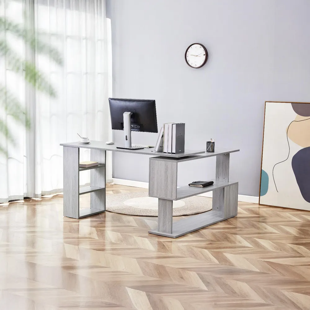 L-Shaped Office Desk with Storage - Grey, Wood