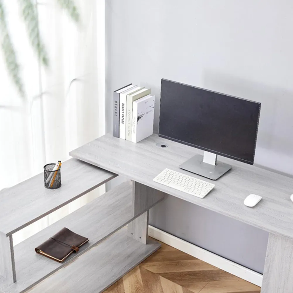 L-Shaped Office Desk with Storage - Grey, Wood