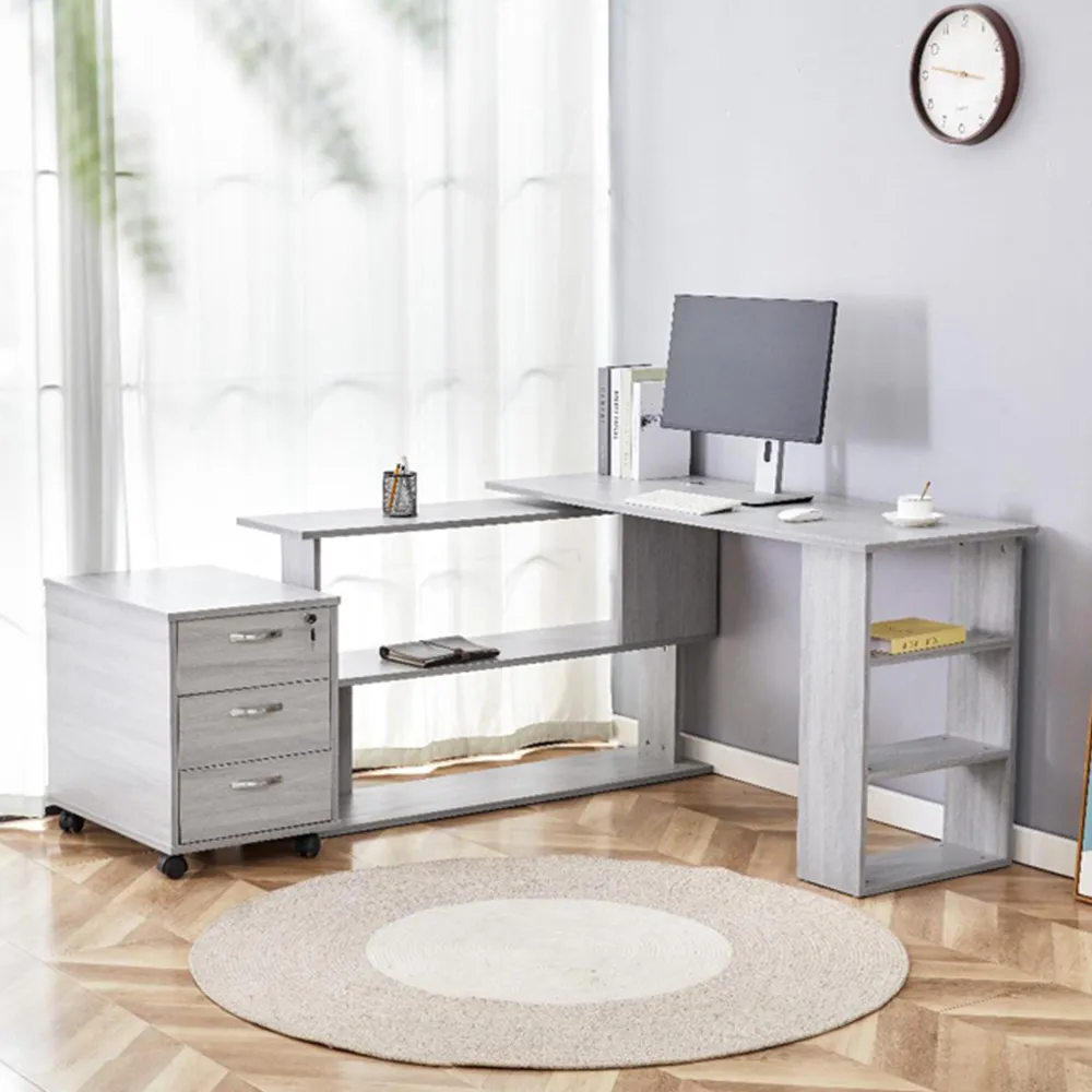 L-Shaped Office Set with Chair and Drawer - Grey, Wood