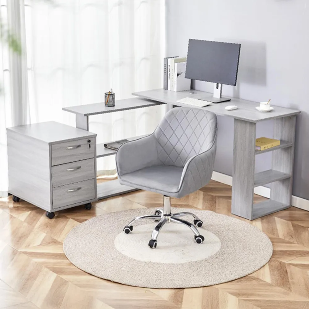 L-Shaped Office Set with Chair and Drawer - Grey, Wood