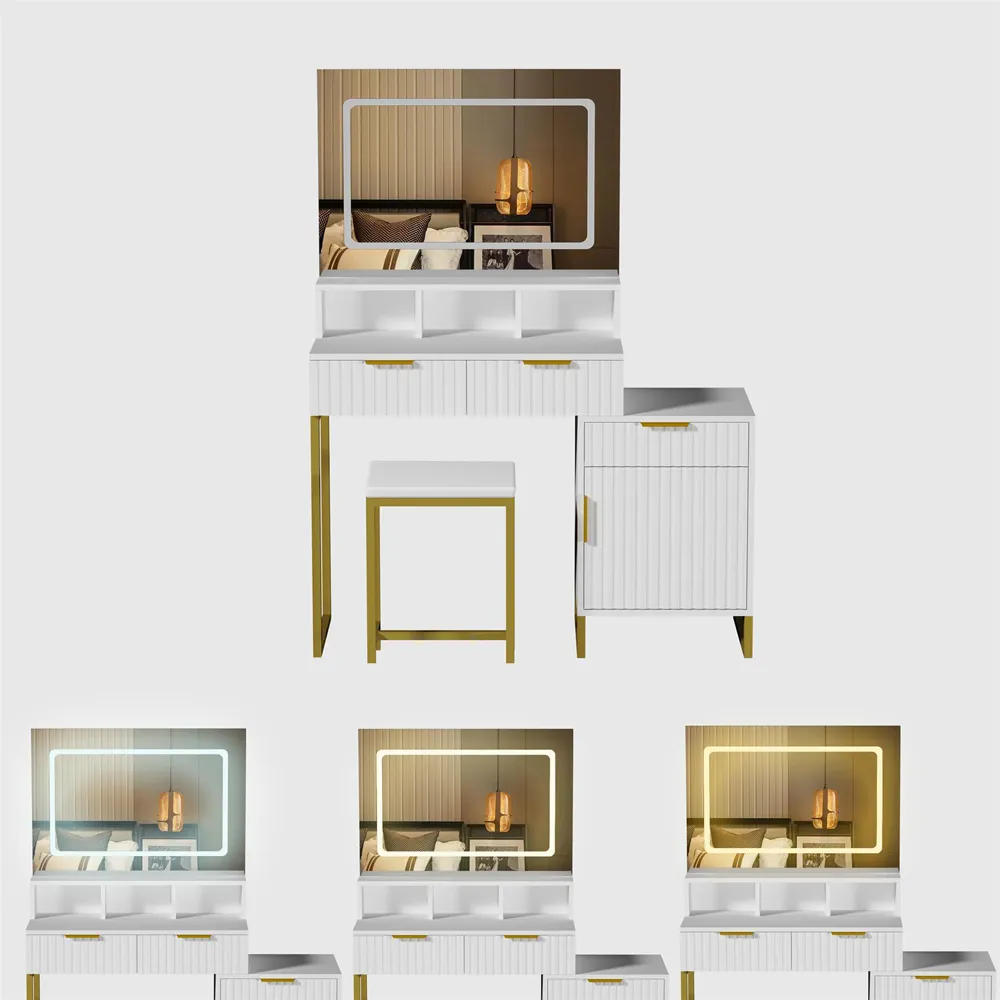 Luna 2 Drawer LED Mirror Dressing Table with Stool - White