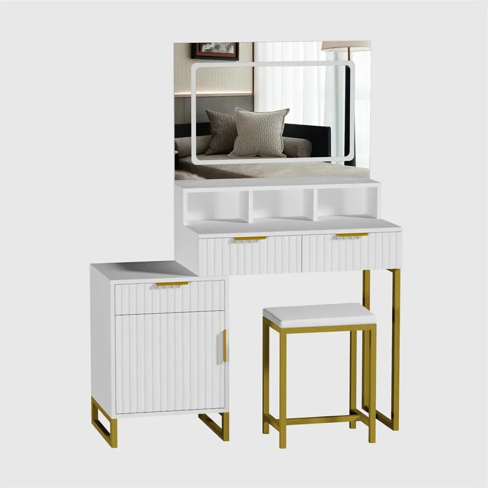 Luna 2 Drawer LED Mirror Dressing Table with Stool - White