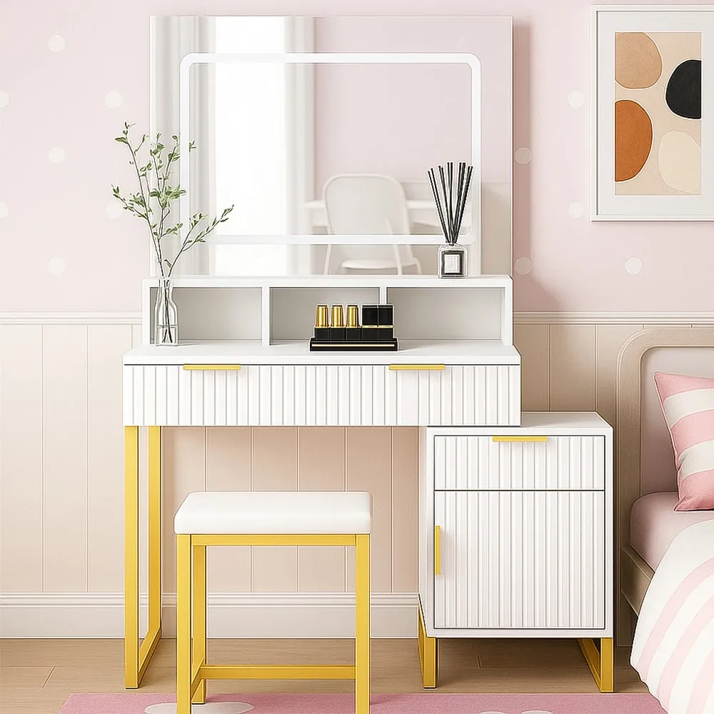 Luna 2 Drawer LED Mirror Dressing Table with Stool - White