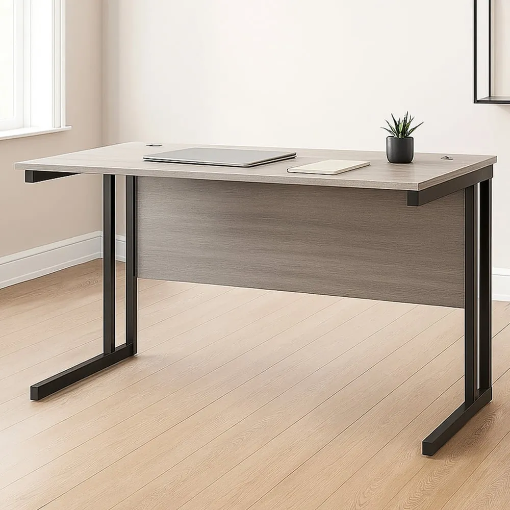 Office Desk with Cable Management - Grey, Wood
