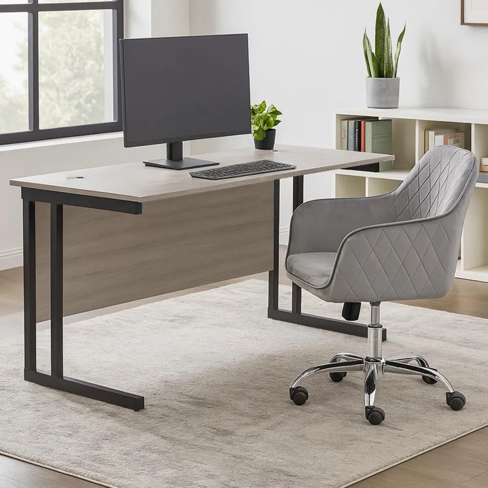 Office Desk with Chair Set - Grey Wood, Grey Velvet