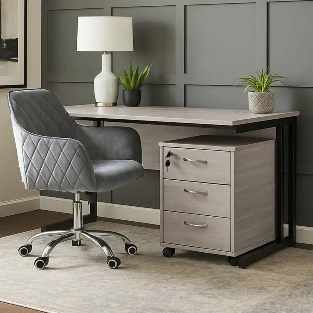 Office Desk with Drawer Unit and Chair - Grey, Wood