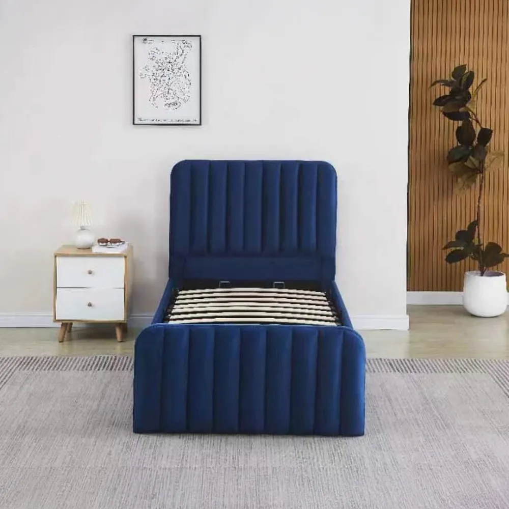 Single Ottoman Storage Bed - Blue, Velvet