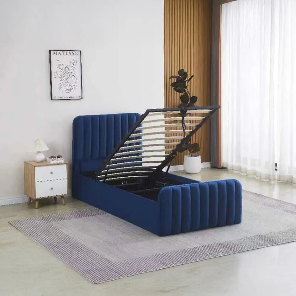 Single Ottoman Storage Bed - Blue, Velvet