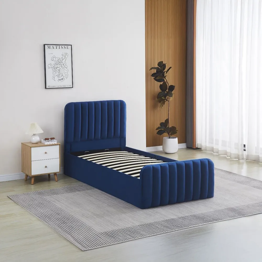 Single Ottoman Storage Bed - Blue, Velvet