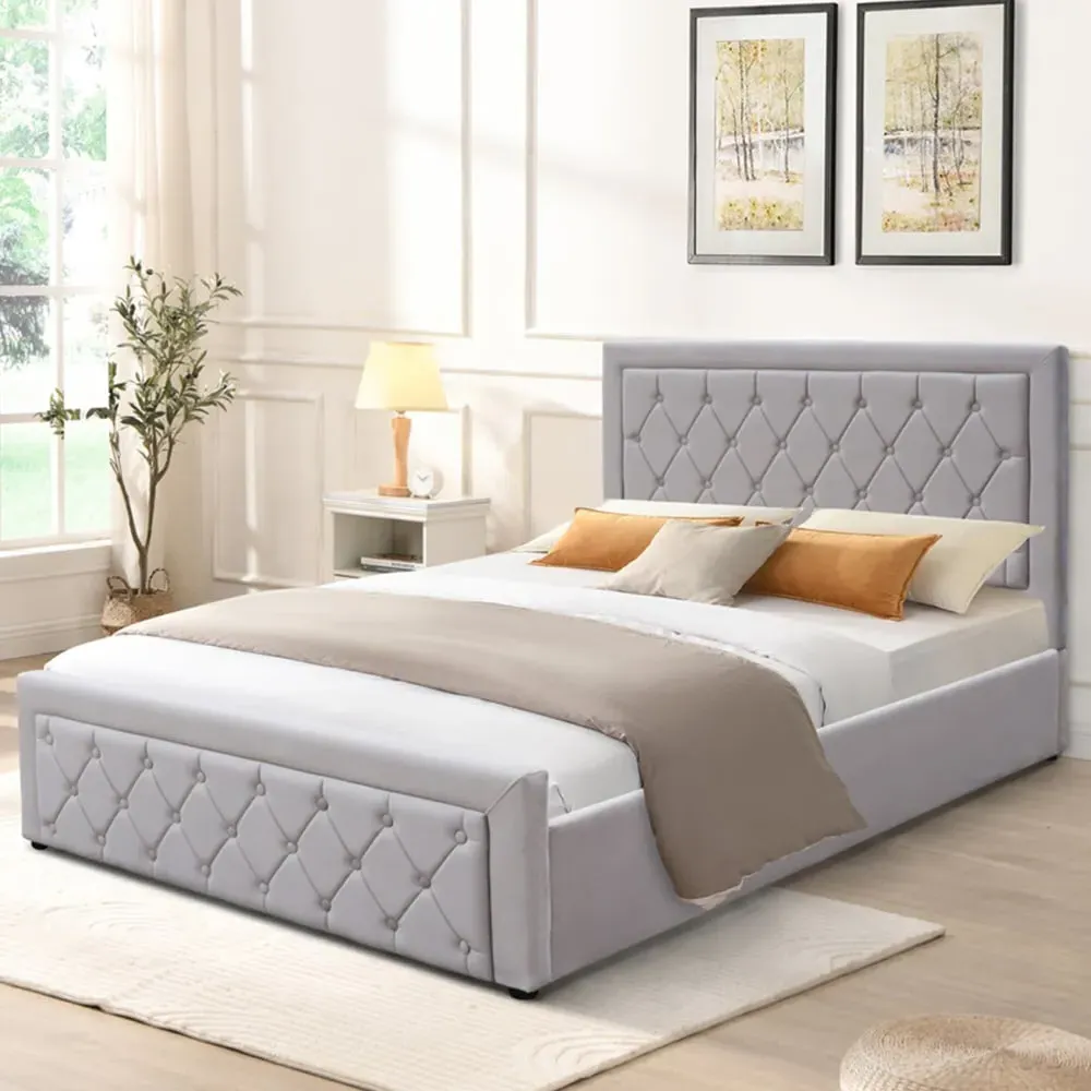 Small Double Ottoman Bed with Mattress and Storage - Grey, Velvet