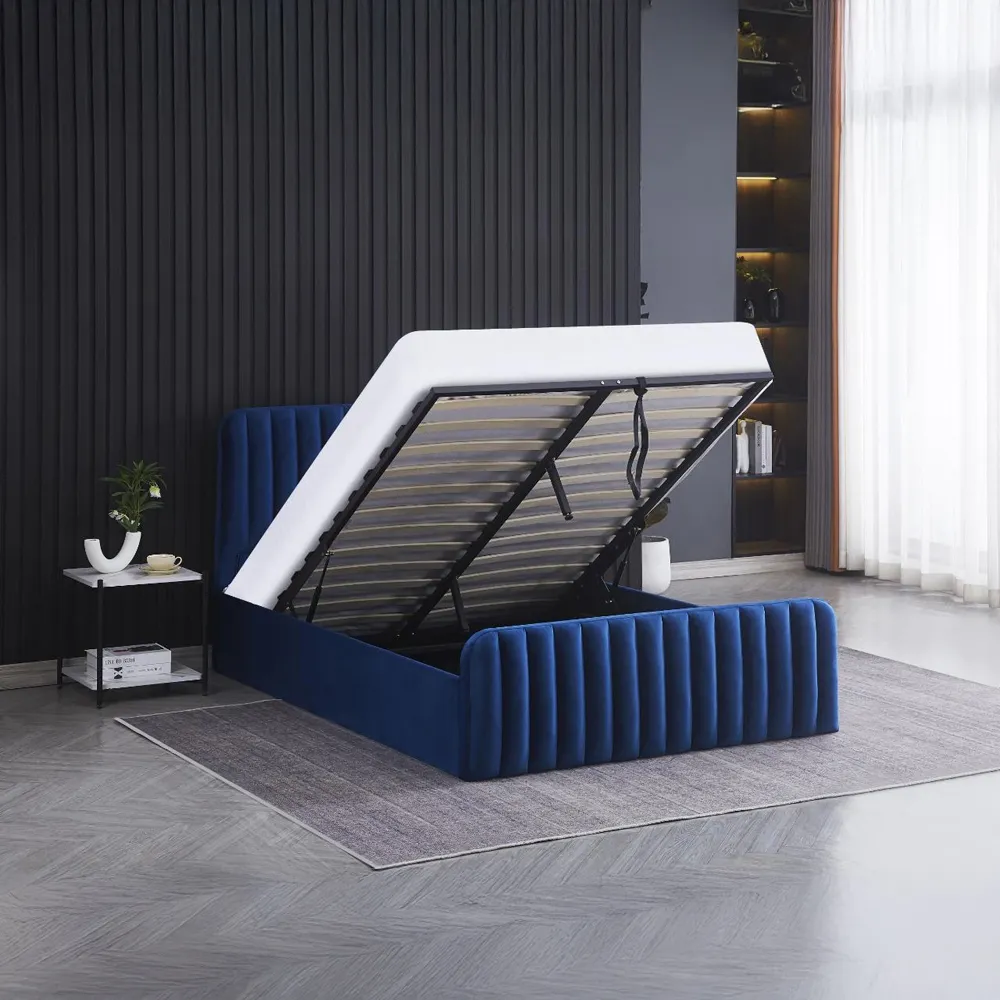 Small Double Ottoman Storage Bed - Blue, Velvet